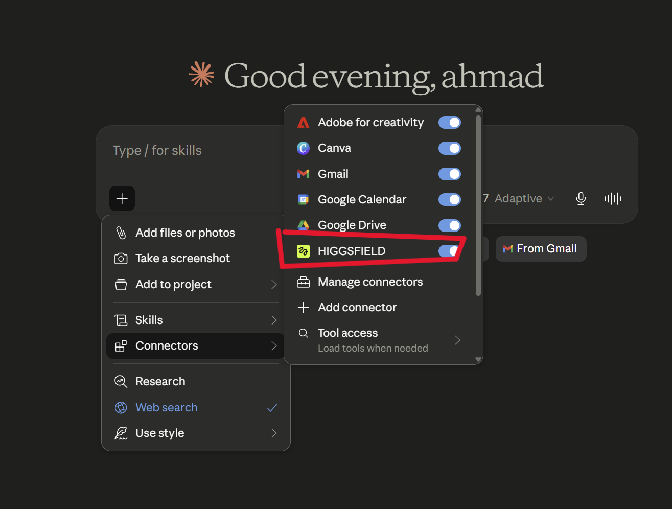 Higgsfield connector مفعّل بـ Claude